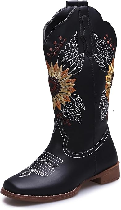 SACFOF Cowboy Boots for Women Sunflower Boots Square Toe Mid Calf Western Embroidery Stitched Low Heel Western Cowgirl Boots