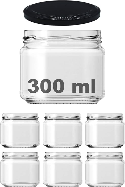Afracam 300 ml Şeffaf Konserve Cam Kavanoz Metal Siyah Kapaklı 6 Adet (300 cc)