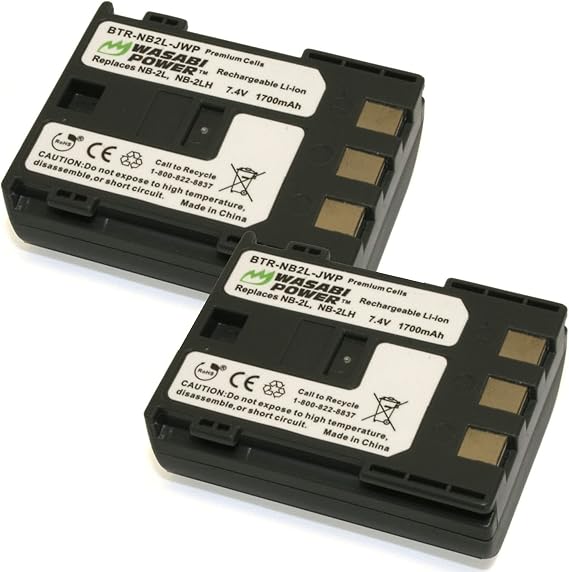 Wasabi Power Battery (2-Pack) for Canon NB-2L, NB-2LH, BP-2L5, BP-2LH & Canon FV500, FVM20, FVM30, FVM100, FVM200, HV20, HV30, PowerShot G7, G9, S50, S60, S70, S80, ZR900, ZR930, ZR950, ZR960 & More