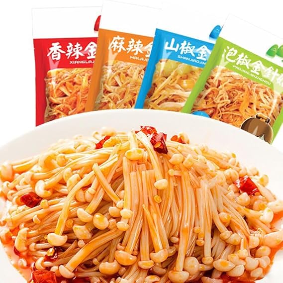 Spicy Enoki Mushroom,Spicy Strip, Snack Food, Spicy Cabbage,Ready to eat mushrooms ,Pickle bamboo shoot, Chili Sauce Hot Crispy Mushroom, snacks gift pack,Latiao (Mixed flavor,5 bag)