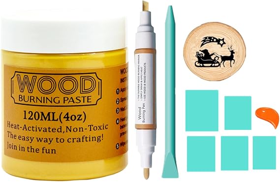Wood Burning Paste Pen Kit 8pcs, 4OZ Wood Burning Gel with Pen, 6pcs Squeegees, Heat Activate Paste for Craft Stencil, Etching Cream Wood Burning Design for Beginners DIY on Wood, Canvas, Denim