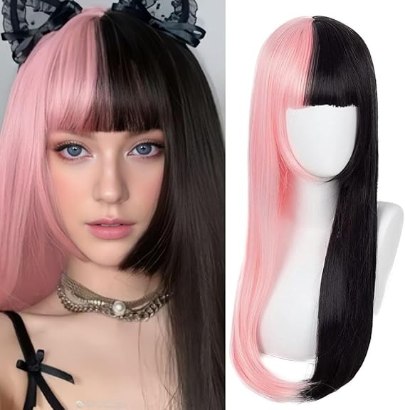 Pink and Black Straight Wigs for Women Anime Sythetic Long Hair Wig with Bangs Heat Resistant Fiber Cosplay Halloween Wig