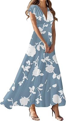 Womens Summer Maxi Dresses Casual Sexy Deep V Neck Boho Wrap Floral Dress Short Sleeve Empire Waist Long Dresses