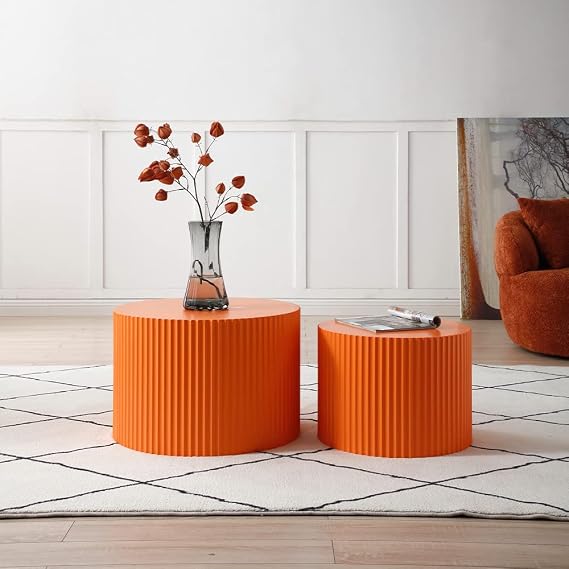 Round Coffee Table Set of 2, Modern Nesting Coffee Table End Table Set for Living Room, Wood Circle Drum Side Table,Orange