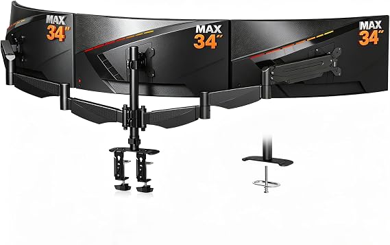 Bracwiser Triple Monitor Mount for 17 to 34 inch Screens, Holds up to 26.45lb, Adjustable Triple Monitors Stand for Desk with Tilt, Swivel, Rotation, Clamp & Grommet Kit, VESA 75/100mm, Black, MDX003P
