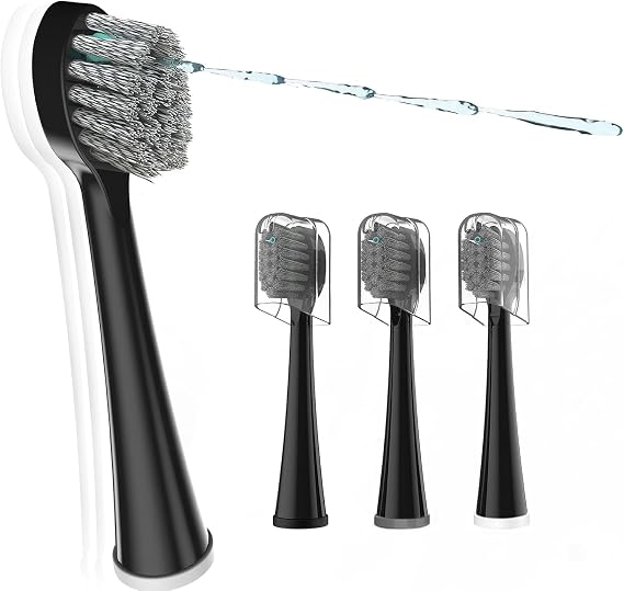 Replacement Brush Heads for Waterpick Sonic Fusion 2.0 - Flossing Toothbrush Head for Water pik with Color-Coded Rings & Hygienic Caps - Compact Size - 3 Pack Black (Hard Bristles)