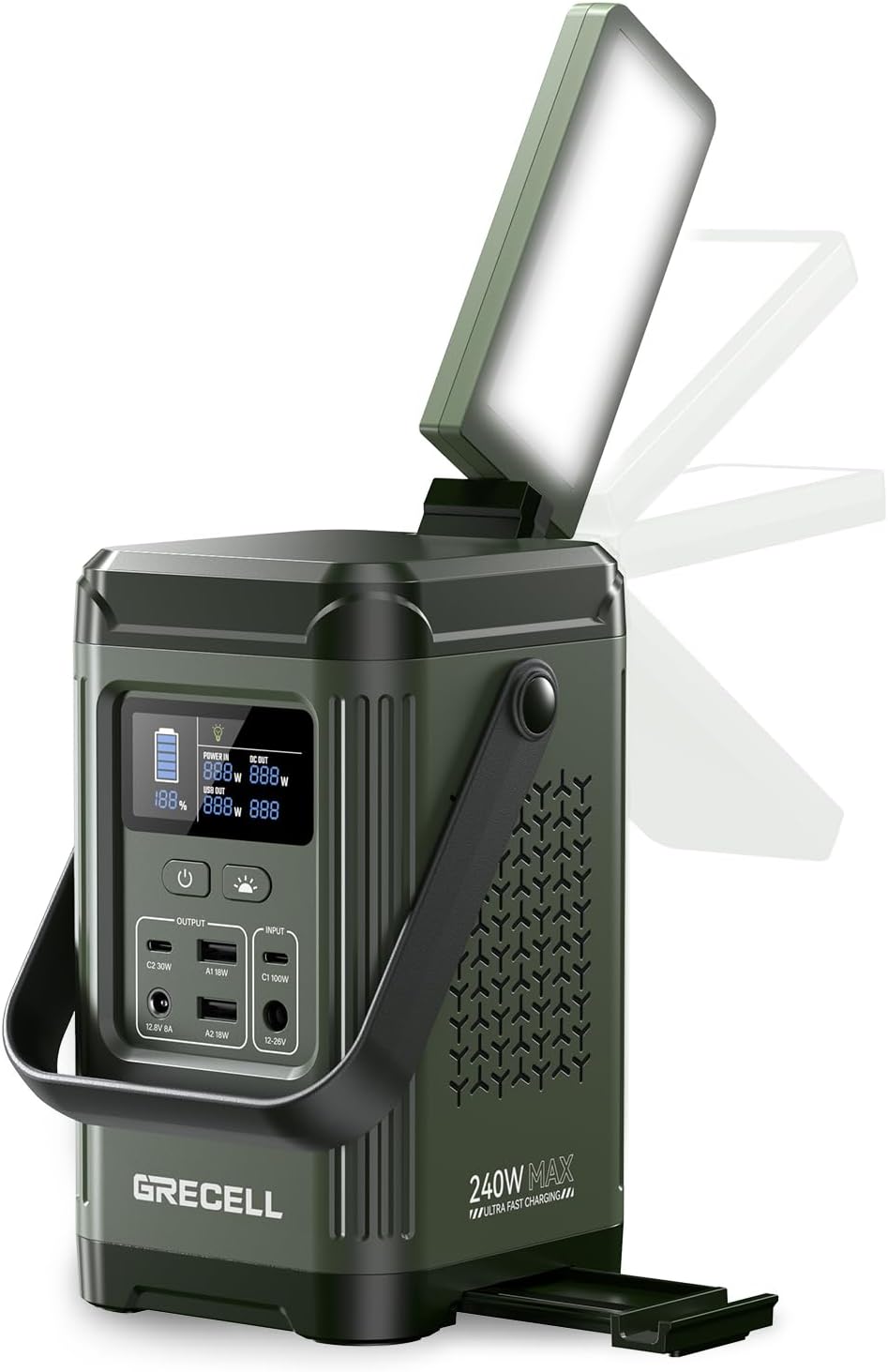 GRECELL 240W Power Bank Station 153.6WH LiFePO4 Battery Dual Way 100W PD Camping Battery Power Station With Integrated Stand for Outdoors Travel, Home Use（green
