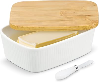 Butter Dish with Lid, Large Butter Keeper for Countertop or Fridge, Ceramic Butter Container with Cover, Dishwasher Safe, Farmhouse Butter Holder Perfect for Kitchen Gifts