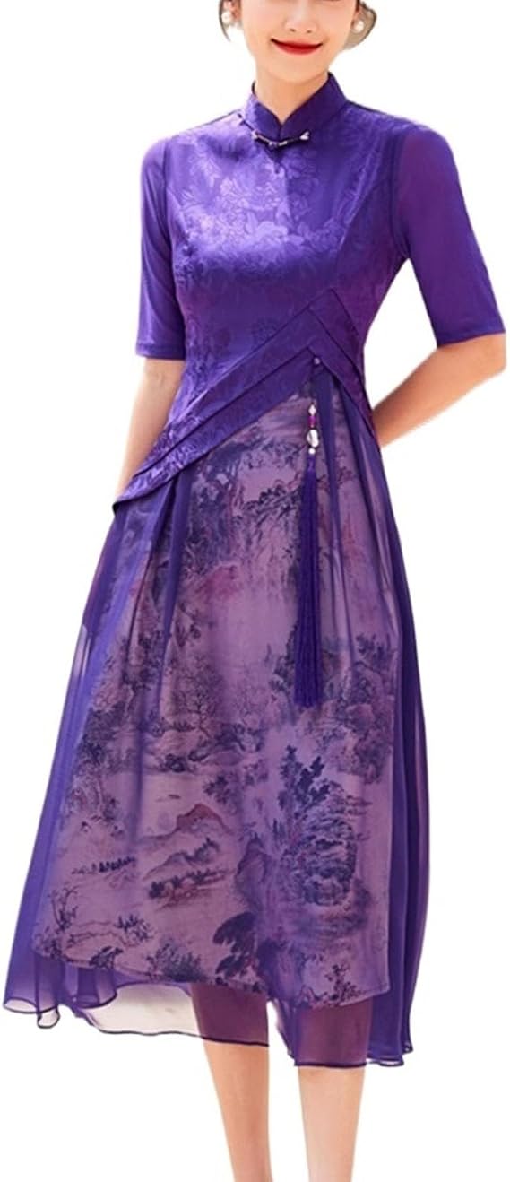 RZIHOI Cheongsam Summer Vietnamese Traditional Ao Dai for Women Chinese Dresses Female Print Mother Dress for Daily Wearable(Purple,Medium)