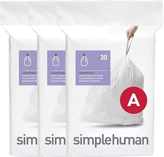 simplehuman Code A 90 Count Custom Fit Liners, Drawstring Kitchen Trash Bags, One-by-One Mess-Free Dispense, Extra Thick & Double Seamed, 50% PCR Plastic, 4.5 Liter / 1.2 Gallon, White
