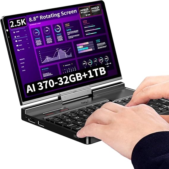 LANRUO GPD Pocket 4 [AI 370-32GB+1TB] Modular Handheld Laptop PC Notebook 8.8" 2560x1600 Rotating Screen Tablet PC Computer Win 11 Home OS 180 Degrees Rotation AI PC