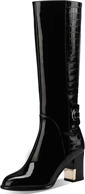 Patent Boots for Women Black 3 Inch High Heel Chunky Block Knee High Long Tall Comfort Dressy Boot