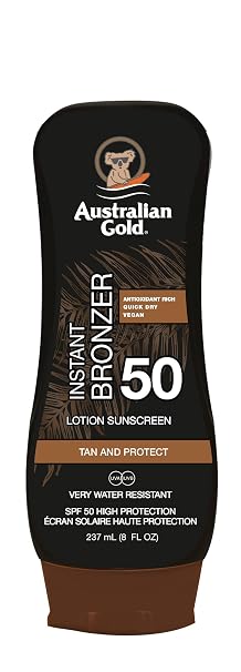 Australian Gold SPF 50 Lotion with Tanner New Formula Natural Tan & Instant Colour Moisturising with Aloe Vera Cocoa Butter and Natural Oils 237