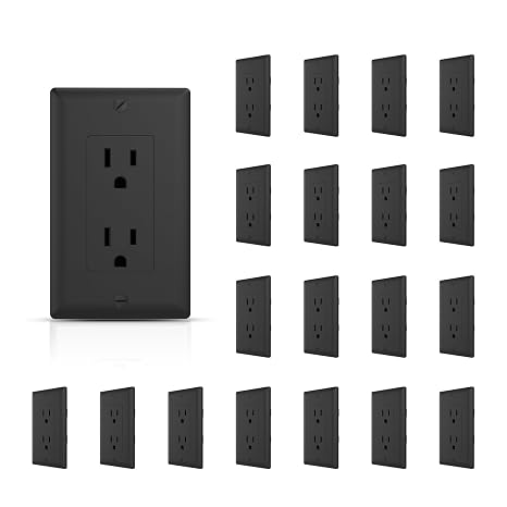 TOPELER Decorator Wall Outlets, 15A 125V Standard Electrical Receptacle Outlet w/Plate, 2 Pole 3 Wire, Non-Tamper Resistant, NEMA 5-15R, Self-Grounding, Residential Grade, UL, Black, 20 Pack