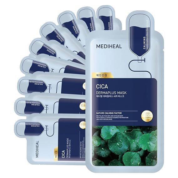 MEDIHEAL Dermaplus Cica Mask (10 Counts) - Daily Vegan Mask for Calming Skin with Panthenol & Hyaluron, Korean Self Skin Care Sheet Mask