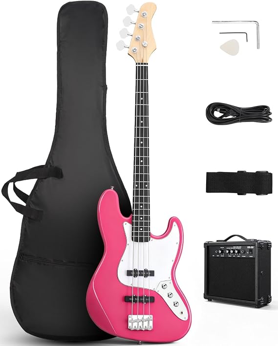 Ktaxon Electric Bass Guitar with 20W AMP | 4 String Bass Guitar Kit (Pink)