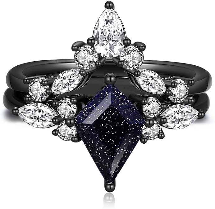 Personalized Promise Rings for Women - Black Rings for Women, Engavable Promise Ring for Her, Blue Sandstone Engagement Rings, Custom Wedding Rings for Women, Unique Matching Rings