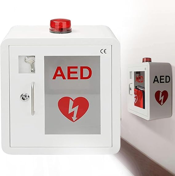 Wall-Mounted AED Defibrillator Storage Cabinet, First Aid Kit Cardiac Defibrillator Storage Cabinet AED Alarm Box with Key and Alarm, Fits Most AED
