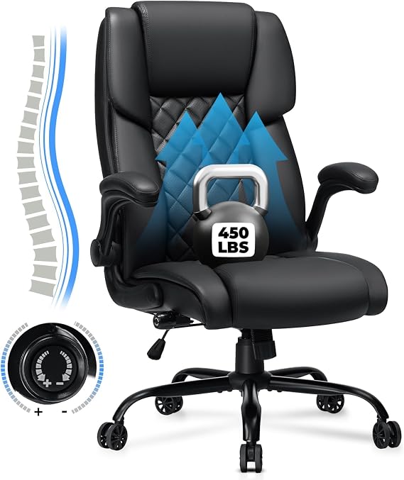 VANSPACE Executive Office Chair Big and Tall 450lbs Heavy Duty Desk Chairs with Adjustable Lumbar Support High Back Home Computer Leather Chair with Flip-up Armrests for Heavy People,Black