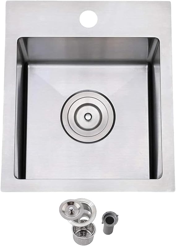 Friho Drop In Bar Sink, 15 x 17 Inch Wet Bar Sink 16 Gauge Stainless Steel 9 Inch Deep Single Bowl Outdoor Rv Sink with Dish Grid and Basket Strainer.