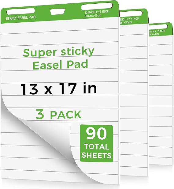 Sticky Mini Easel Pads 13 x 17 Inches, 3 Pack Anchor Chart Paper for Teachers, Self Stick Flip Chart Paper with Sticky Back for Classroom, Office, 30 Sheets/Pad (Lined)