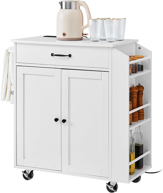 VEVOR Kitchen Island Trolley, Mobile Cart with Storage Cabinet, Rolling Table with Socket, Spice Rack, Towel Rack, Adjustable Shelf, Drawer, Portable Islands on Wheels for Dining and Living Room 81 cm