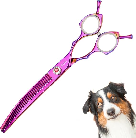7.5in Dog Grooming Scissors, 35 Teeth Professional Curved Chunker | VG10 Steel, 25 Degree Bend High-end Shears for Pet Groomers or Family Use, with Symmetric Handle, Thinning Rate 65%, Purple