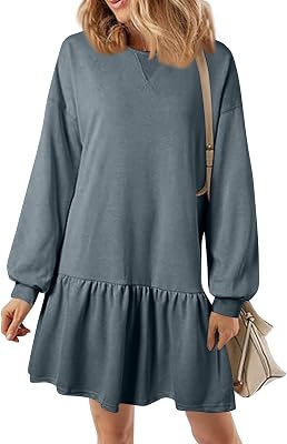 Womens 2024 Fall Long Sleeve Pullover Tops Crewneck Rib Knit Patchwork Sweatshirt Dress Casual Mini Dresses