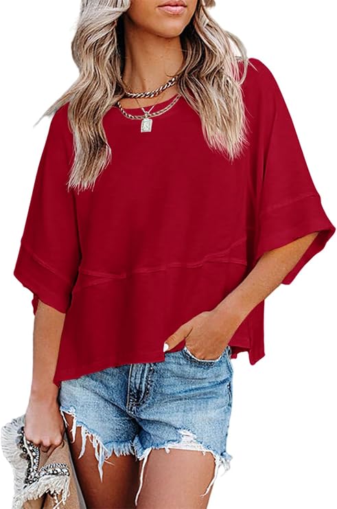 Sovelen Women's Summer Casual T-Shirts Loose Fit Crewneck 3/4 Sleeve Tops | Batwing Sleeve,Cute Basic Flowy Tees,Boho Tops, Summer Outfits