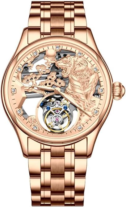 Flying Tourbillon Mechanical Hand Wind Wrist Watch Men Skeleton Diamond Dial Wristwatch Sapphire Double-Sided Hollow Clock Man Chinese Zodiac Tigers Pattern Meaning Courageous