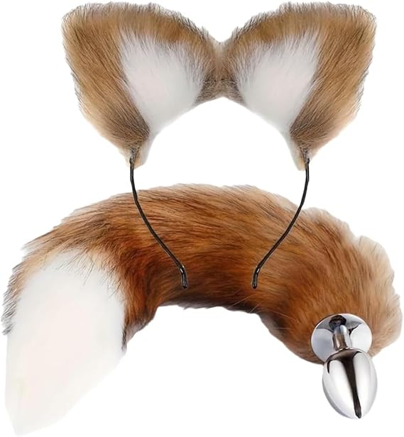 Wolf Fox Furry Tail Plug and Ears Headband Animal Costume Fancy Dress Halloween Adjustable Faux Fur Tail and Ears