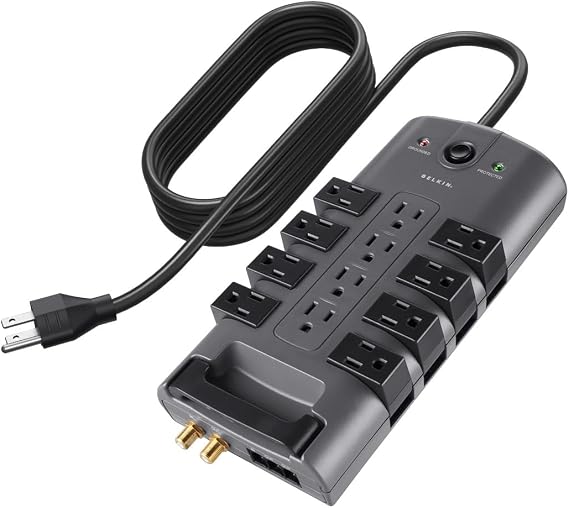 Belkin Surge Protector Power Strip w/ 8 Rotating & 4 Standard Outlets - 8ft Sturdy Extension Cord w/ Flat Pivot Plug for Home, Office, Travel, Desktop & Charging Brick - 4320 Joules of Protection