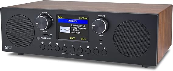 Ocean Digital WR-800 FM Wi-Fi Internet Radio Stereo Speakers Micro SD Line Out Aux in 30,000+ Stations Stress Relief Relaxation Sleep Aid 2.8" Color Display Wooden Casing Black