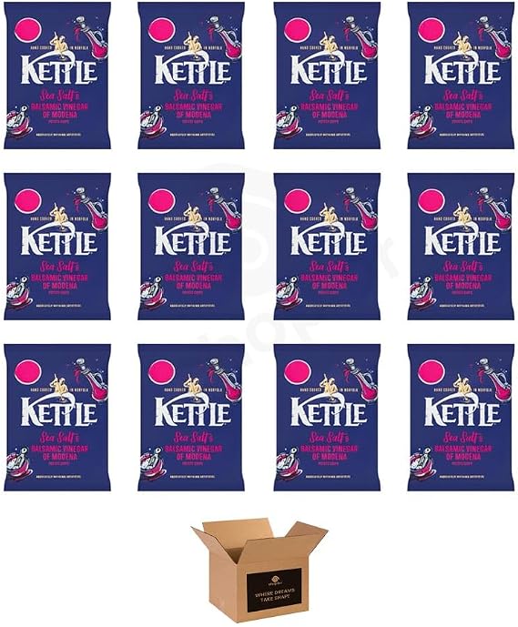 Kettle Chips Variety Flavoured Potato Crisps Snacks – Hand Cooked Thick Cut Crispy | Sea Salt, Balsamic Vinegar & more – Crunchy Vegetarian (Sea Salt & Balsamic Vinegar of Modena - 80g x 12Pack)
