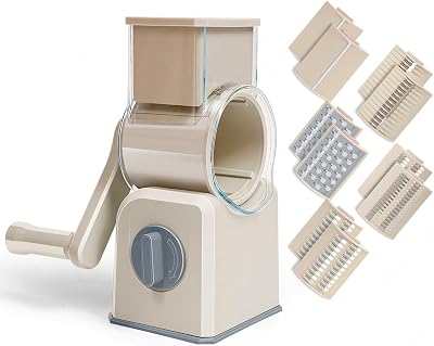 Rotary Cheese Grater with Hand Crank, Multi-Purpose Shredder Slicer with 5 Interchangeable Stainless Steel Blades for Shredding, Slicing, and Grating Cheese, Vegetables, and Fruit Beige