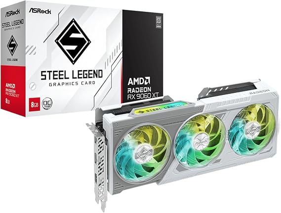 ASRock AMD Radeon RX 9060 XT Steel Legend 8GB OC 8GB ARGB Ekran Kartı - 8GB GDDR6, 128-bit, AMD RDNA 4, 1x HDMI, 2x DisplayPort 2.1a, 1x HDMI 2.1b, AMD HYPR-RX