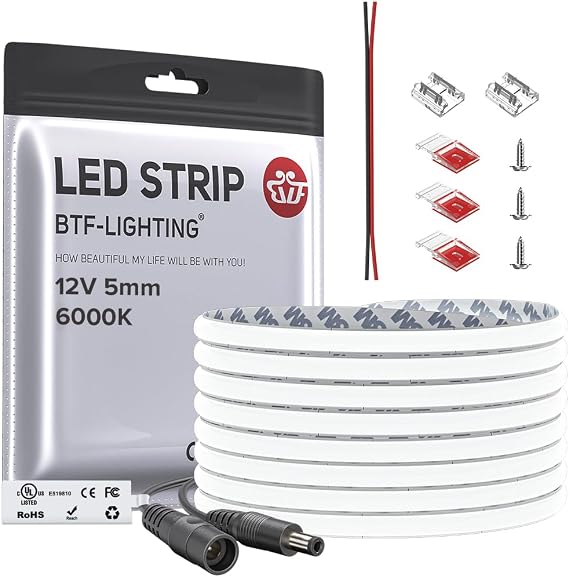 BTF-LIGHTING FCOB Thin 5mm Width COB LED Strip, UL Listed Cool White 6000K Narrow Uniform Light, 16.4FT DC12V CRI 90+ Flexible LED Tape Light for Home Indoor DIY Lighting(No Adapter or Controller)