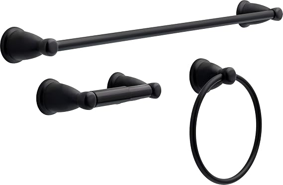 Franklin Brass 3-Piece Matte Black Bathroom Set Towel Rack, Ring, Toilet Paper Holder| Kinla Bath Accessories