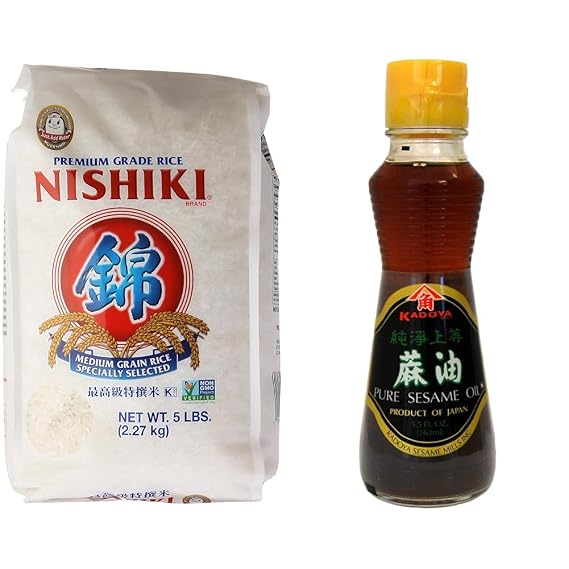 Nishiki Medium Grain Rice 80 Ounce with Kadoya 100% Pure Sesame Oil 5.5 oz - Premium Rice and Sesame Oil Cooking Bundle
