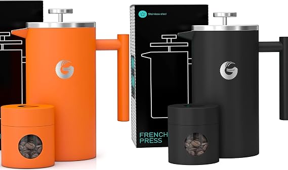 Coffee Gator French Press Coffee Maker 34oz, Double Insulated Stainless Steel Orange and Black