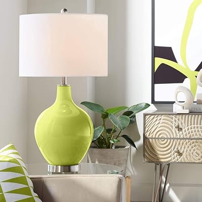 Color  Plus Modern Table Lamp 28.5 Tall Parakeet Green Glass OVO White Linen Drum Shade for Living Room Family Bedroom Bedside Nightstand