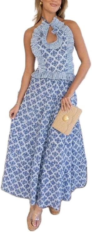 Yiulangde Y2k Ruffle Long Skirt Sets for Women 2 Piece Outfits Summer Ruched Backless Cami Top Matching Boho Maxi Skirt Set