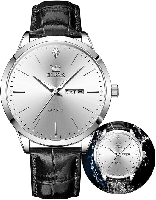 OLEVS Men Watches Dress Waterproof Leather Band Classic Large Face Luxury Watches for Men Casual Fashioned Nice Analog Watch Men Day Date Easy Reader Quartz Original Business Adjustable Watches Men