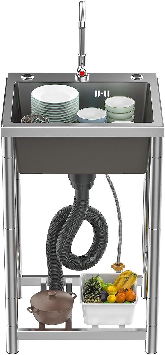 Freestanding Stainless Steel Utility Sink Station, Single Bowl, 18" x 16"