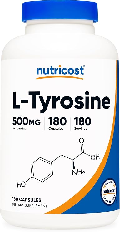 Nutricost L-Tyrosine Supplement 500mg, 180 Capsules, Gluten-Free, GMO-Free