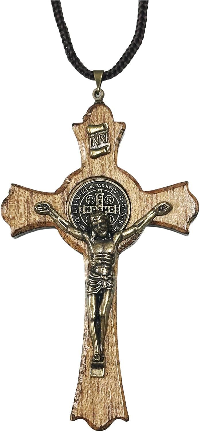 Catholica Shop Saint Benedict Medal Wood Crucifix Cord Necklace for Men & Women – Handcrafted Religious Pendant, Healing, Travel Protection, Perfect for Gifting on Special Occasions, Made in Brazil
