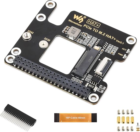 Waveshare PCIe to M.2 Adapter for Raspberry Pi 5, Supports NVMe Protocol M.2 Solid State Drive, High-Speed Reading/Writing, HAT + Standard