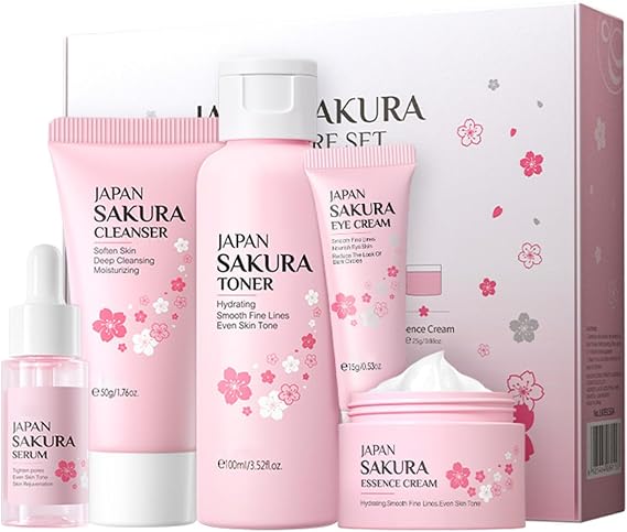 Sakura Skin Care Set, Mothers Day Gift Set, Skin Care Sets & Kits, Skincare Set Products with Face Serum,Cleanser,Eye Cream,Face Cream,Toner,Travel Skin Care Moisturizing Essentials Set - 5PCS