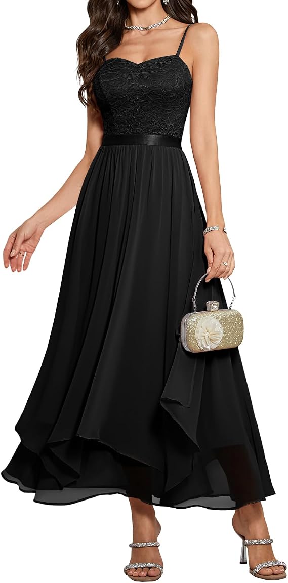 HomRain Semi Formal Dresses for Women 2026, Mother of the Bride Dress Chiffon for Wedding Guest Spaghetti Straps, Elegant Cocktail Evening Dress A Line Mixi, Black 2XL