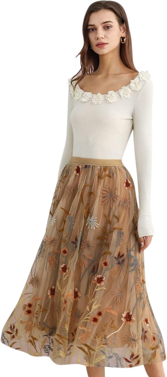 CHICWISH Women Floral Embroidered Tulle Skirt Flared A Line High Elastic Waist Mesh Double-Layered Midi Skirt